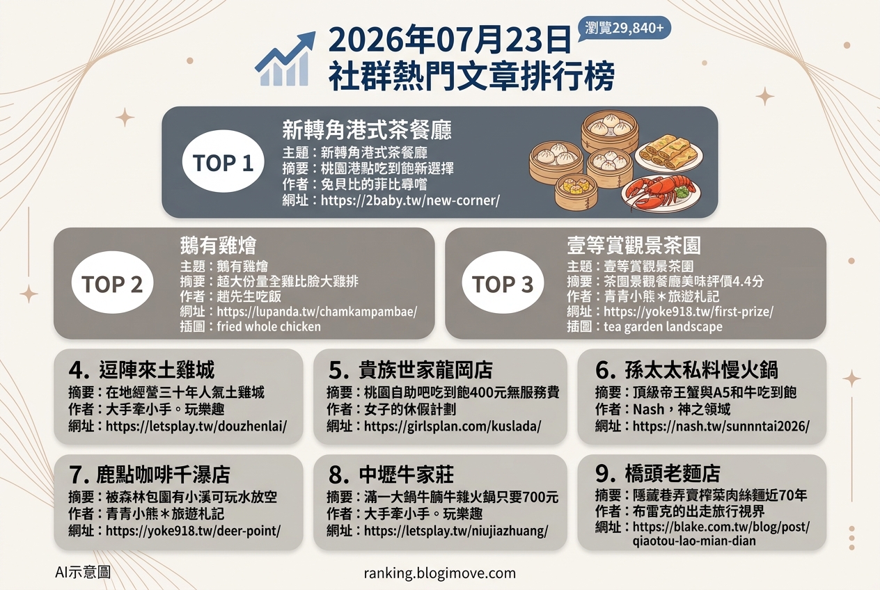 2026年07月23日| 桃園美食 | 熱門社群文章導讀：港點吃到飽、全牛料理與帝王蟹火鍋成焦點 @Blogimove Ranking