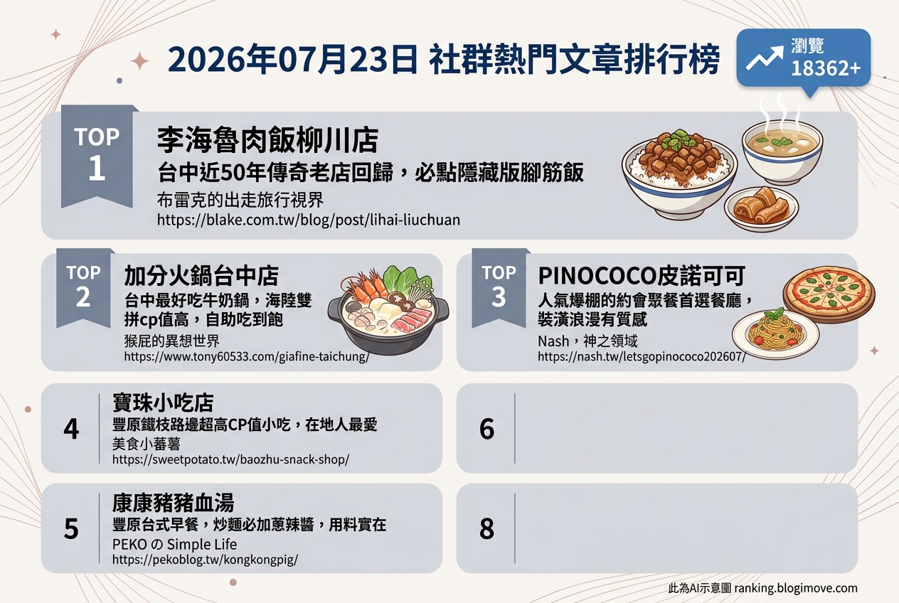 2026年07月23日| 美食 | 熱門社群文章導讀：台中傳奇魯肉飯回歸、人氣牛奶鍋與約會首選義式料理 @Blogimove Ranking