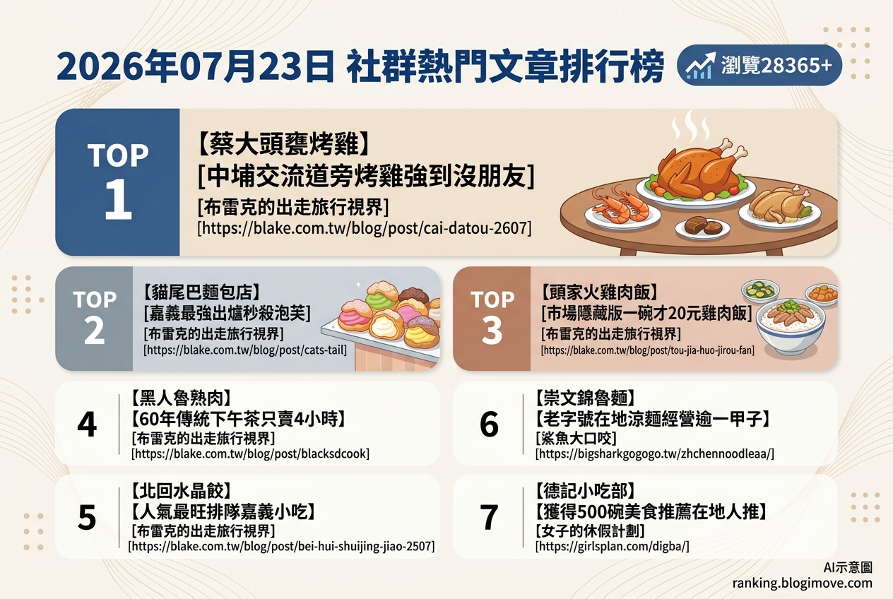 2026年07月23日| 嘉義美食 | 熱門社群文章導讀：嘉義甕烤雞、秒殺泡芙與平價火雞肉飯 @Blogimove Ranking