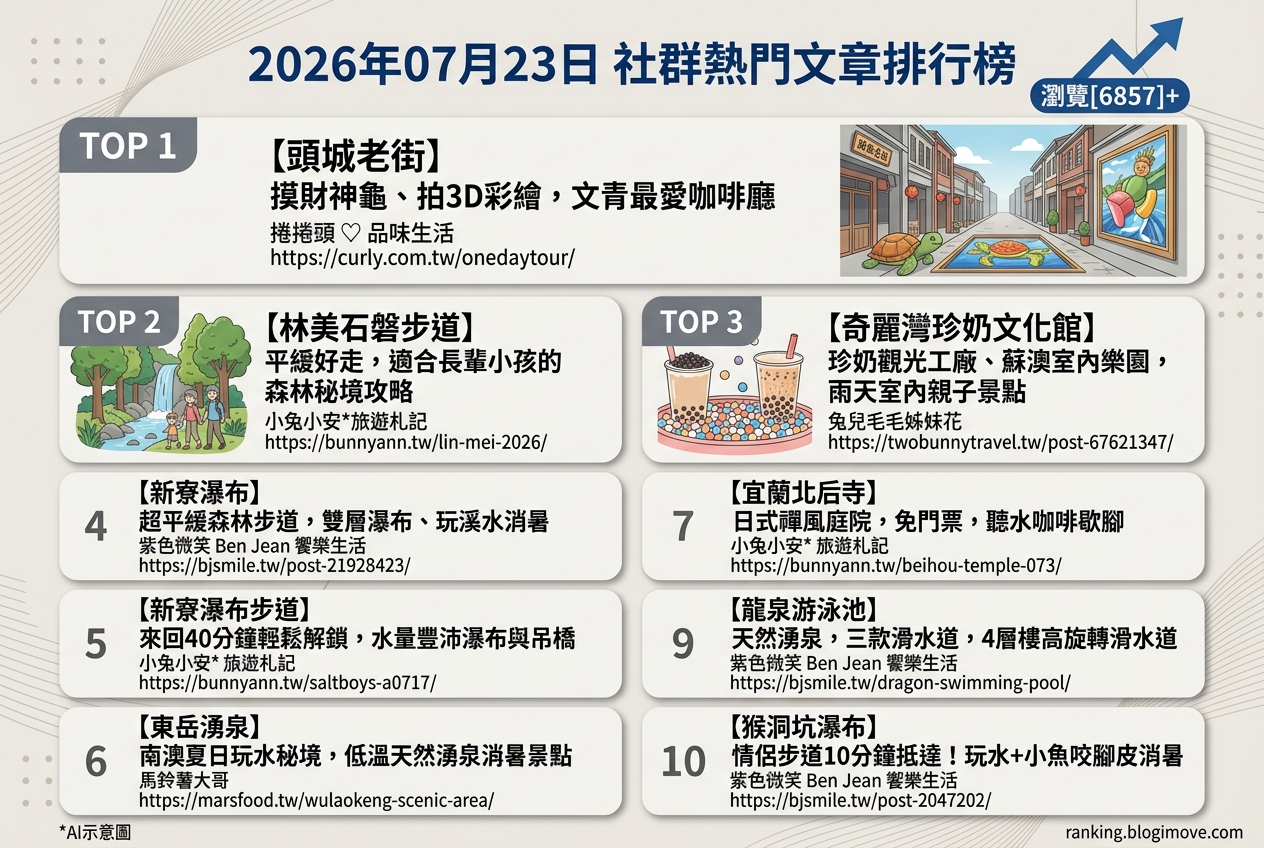 2026年07月23日| 宜蘭景點 | 熱門社群文章導讀：宜蘭夏季玩水、步道健行與親子景點攻略 @Blogimove Ranking