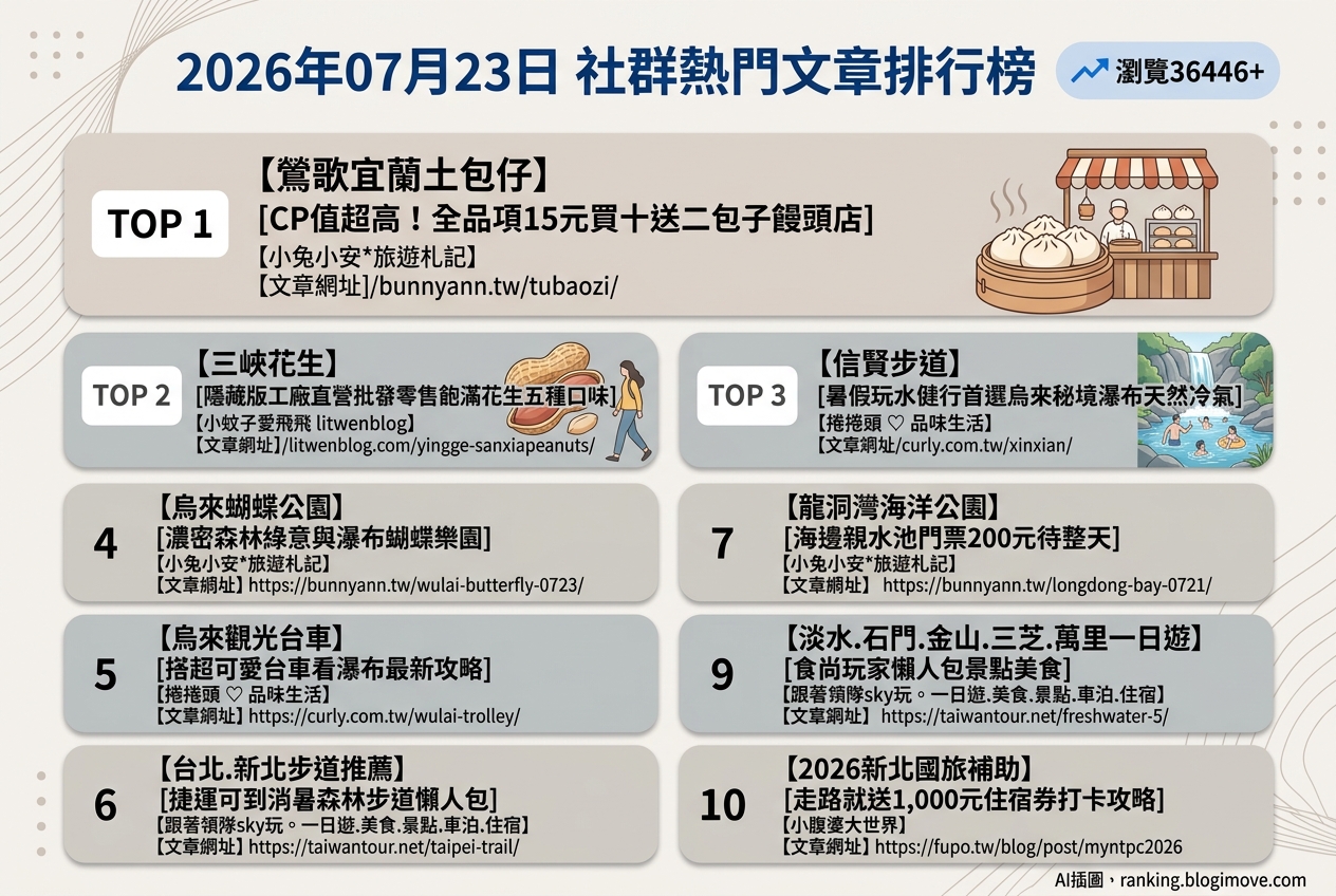 2026年07月23日 | 國內旅遊 | 熱門社群文章導讀：新北消暑秘境、特色美食與國旅補助攻略 @Blogimove Ranking