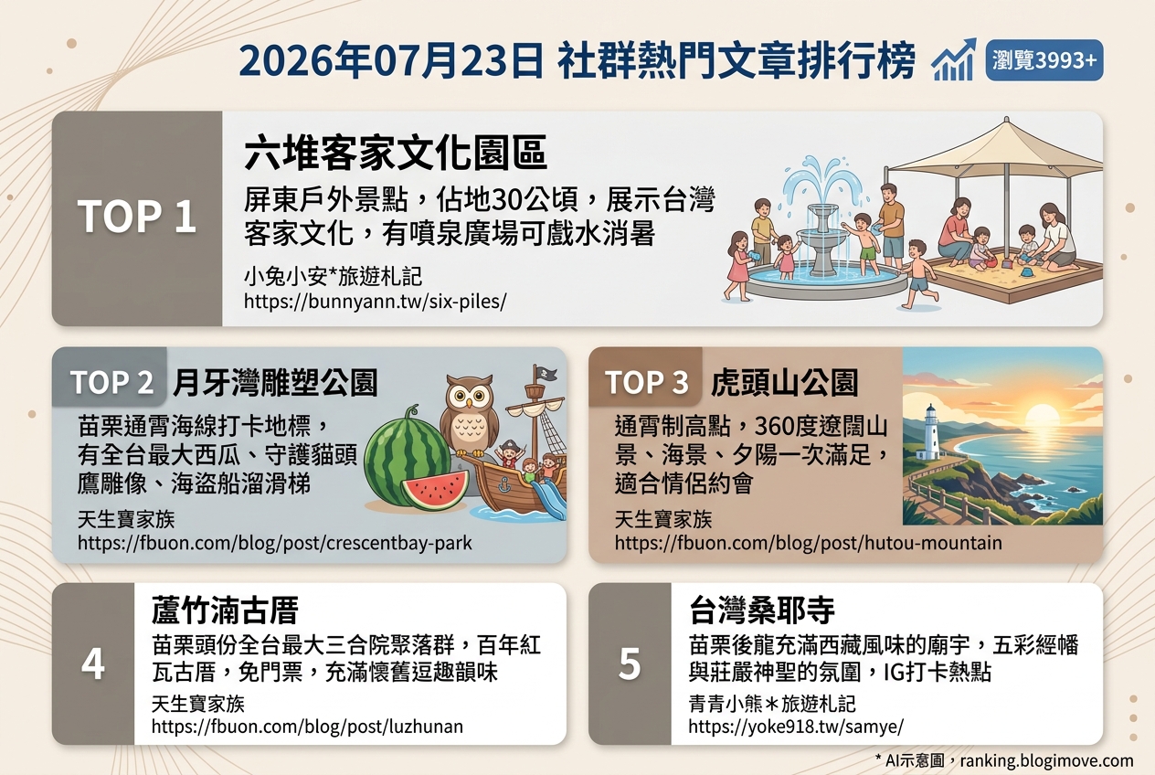 2026年07月23日| 國內旅遊 | 熱門社群文章導讀：屏東親子戲水、苗栗懷舊古厝與海景夕陽。 @Blogimove Ranking