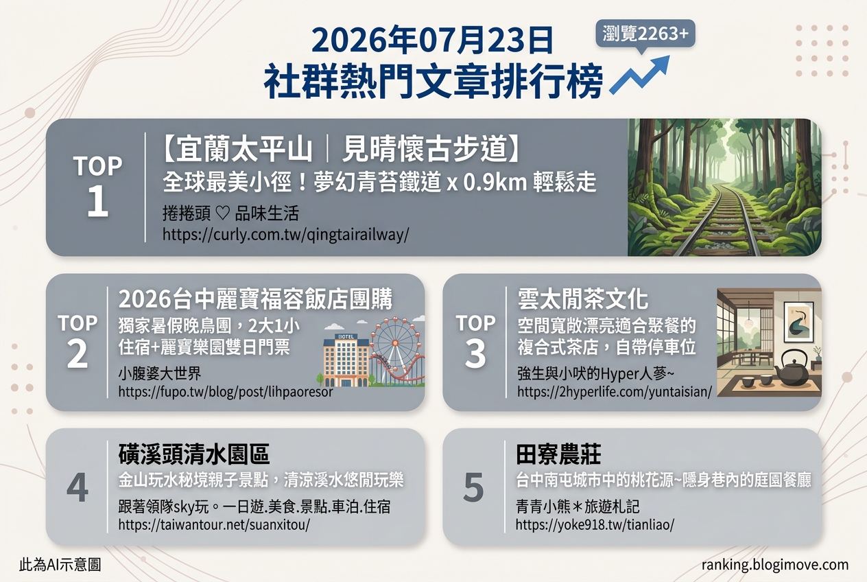2026年07月23日| 國內旅遊 | 熱門社群文章導讀：宜蘭太平山自然秘境、台中親子樂園與金山玩水景點 @Blogimove Ranking