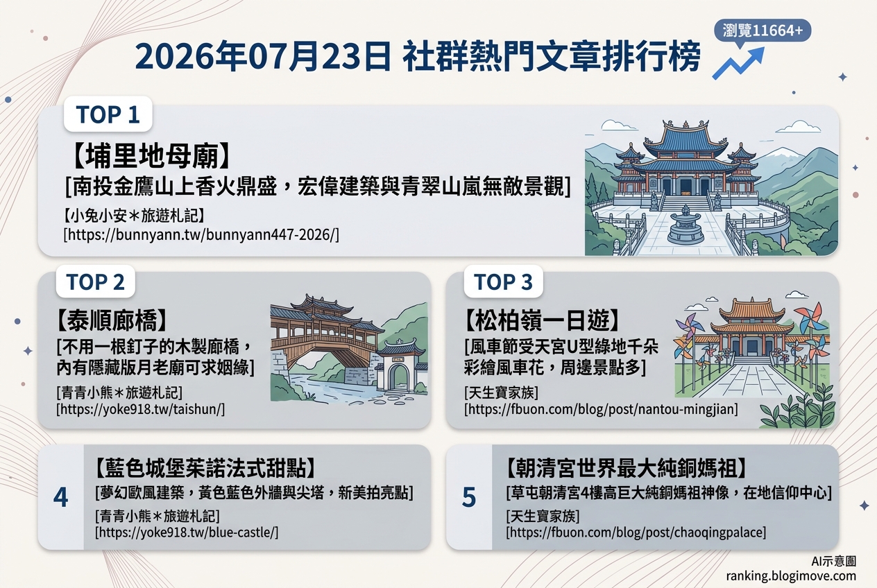 2026年07月23日| 南投景點 | 熱門社群文章導讀：埔里地母廟、泰順廊橋與藍色城堡 @Blogimove Ranking