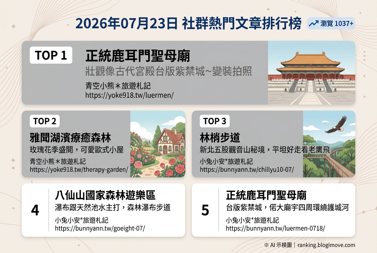 2026年07月23日| 國內旅遊 | 熱門社群文章導讀：台南壯觀廟宇、山林秘境與療癒花園成焦點 @Blogimove Ranking