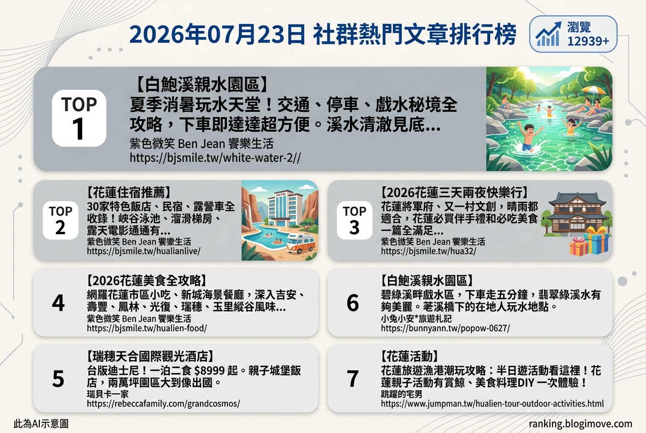 2026年07月23日| 國內旅遊 | 熱門社群文章導讀：花蓮親水秘境、特色住宿與在地美食全收錄 @Blogimove Ranking