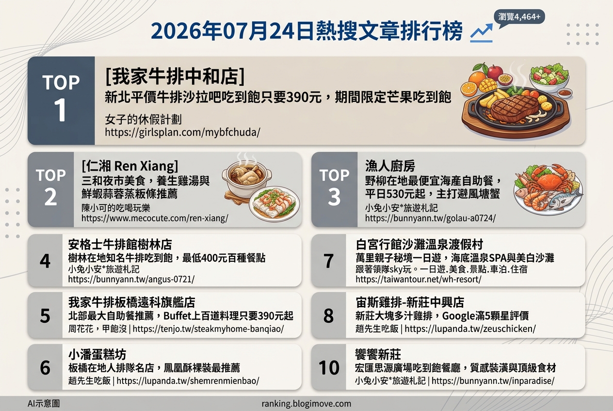 2026年07月24日| 美食 | 熱搜文章導讀：牛排吃到飽、在地小吃與豪華自助餐是本週焦點 @Blogimove Ranking