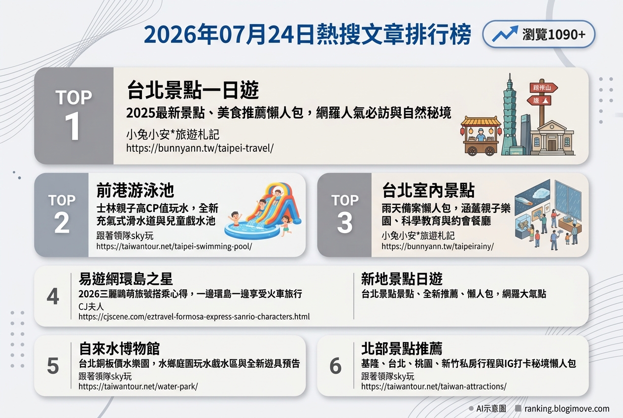 2026年07月24日| 國內旅遊 | 熱搜文章導讀：台北一日遊、親子戲水與環島列車是今夏熱門首選 @Blogimove Ranking