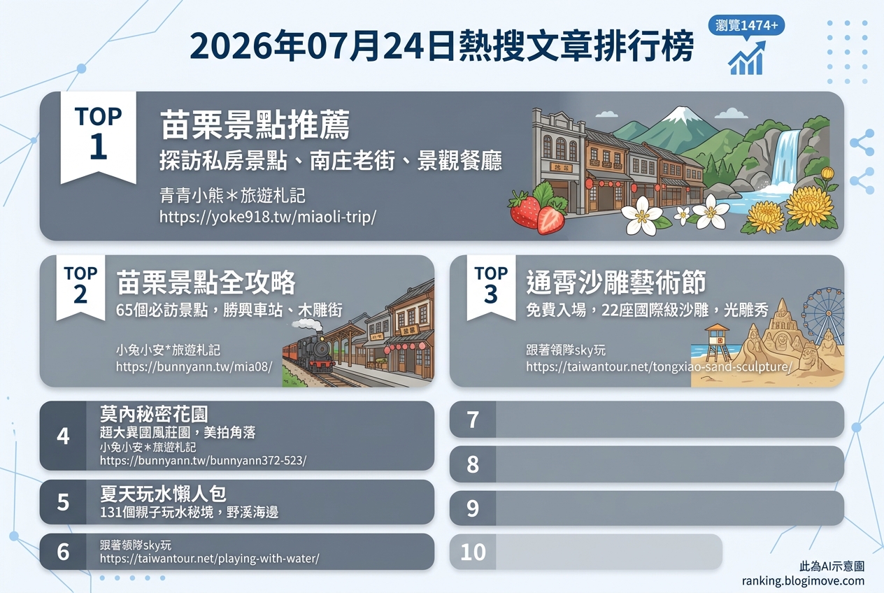 2026年07月24日| 國內旅遊 | 熱搜文章導讀：苗栗景點全攻略、夏季玩水秘境與沙雕藝術節 @Blogimove Ranking