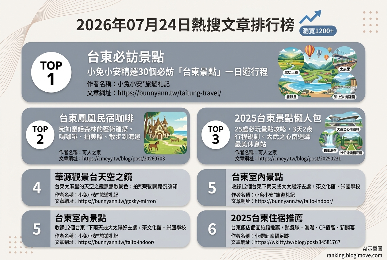 2026年07月24日| 國內旅遊 | 熱搜文章導讀：台東必訪景點、特色住宿與療癒秘境 @Blogimove Ranking