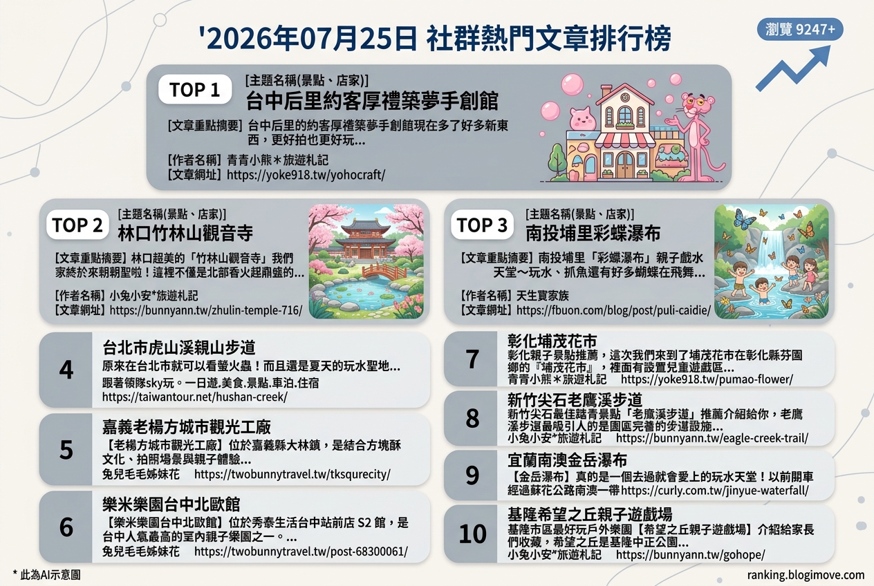 2026年07月26日| 親子旅行 | 熱門社群文章導讀：暑期玩水、室內樂園與親子住宿熱點搶先看 @Blogimove Ranking