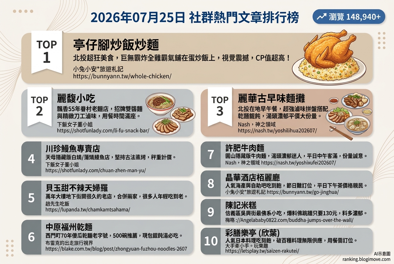 2026年07月25日 | 台北美食 | 熱門社群文章導讀：巨無霸炸雞炒飯、55年老麵店與米其林推薦川菜引領美食潮流 @Blogimove Ranking