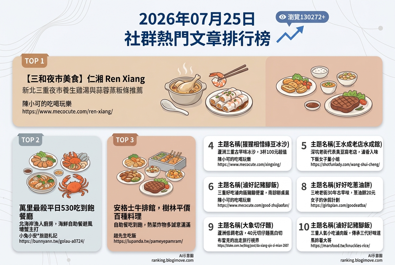 2026年07月25日| 新北美食 | 熱門社群文章導讀：人氣夜市小吃、平價吃到飽與在地烘焙點心。 @Blogimove Ranking