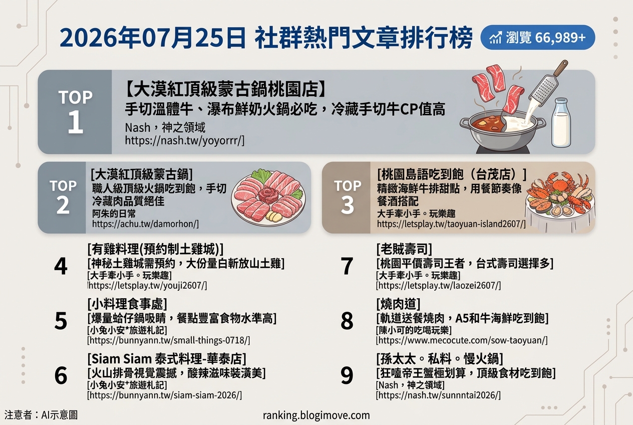 2026年07月25日| 桃園美食 | 熱門社群文章導讀：頂級蒙古鍋、質感吃到飽與預約制土雞城引領美食話題 @Blogimove Ranking