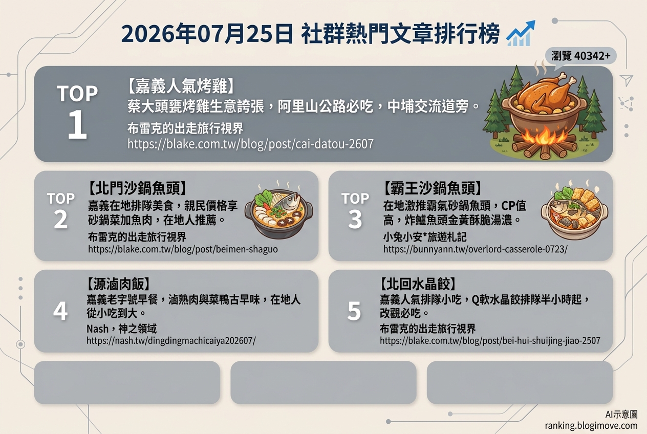 2026年07月25日| 嘉義美食 | 熱門社群文章導讀：嘉義人氣烤雞、沙鍋魚頭與在地小吃。 @Blogimove Ranking