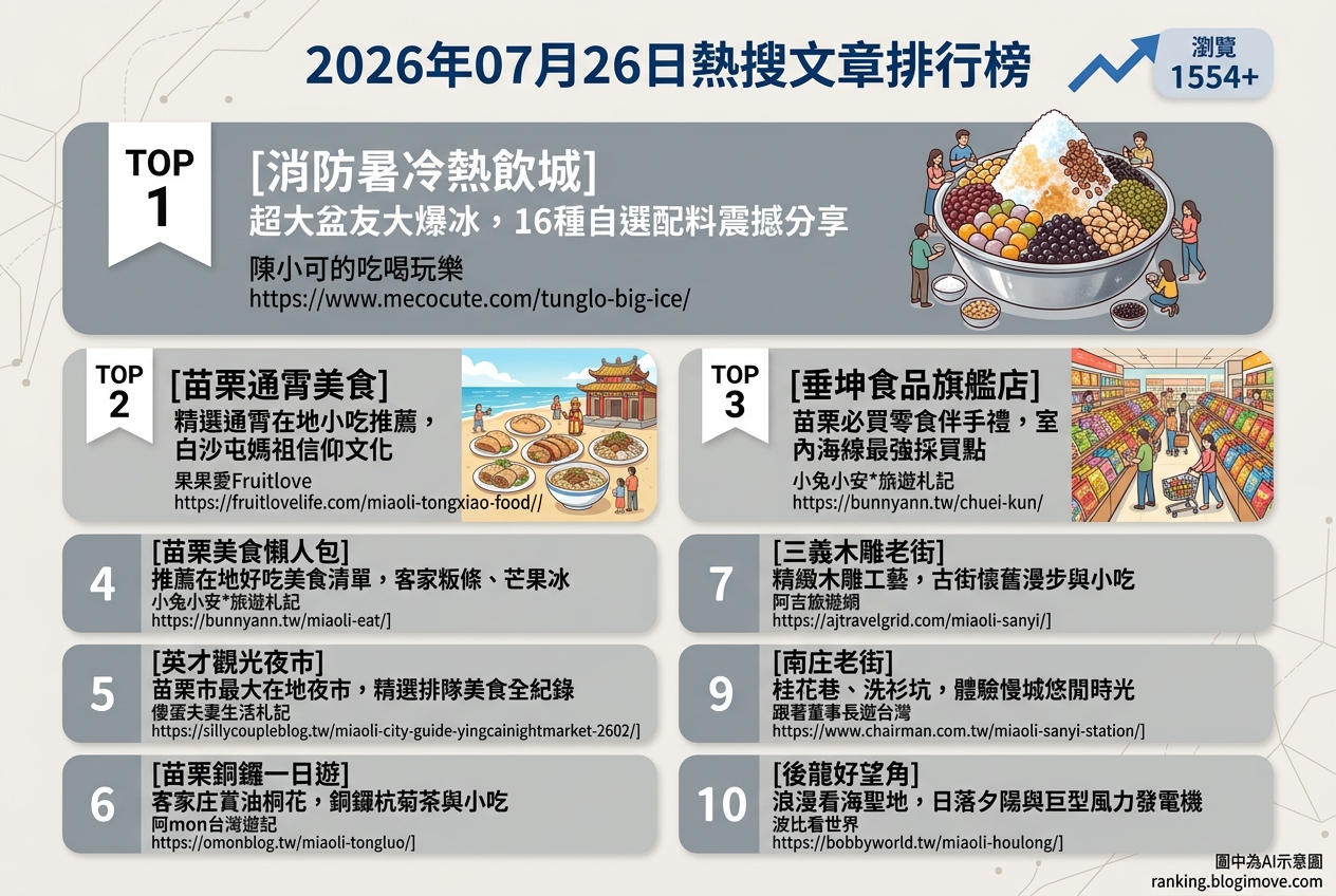 2026年07月26日 | 苗栗美食 | 熱搜文章導讀：巨型臉盆冰、在地夜市與零食伴手禮熱門排行 @Blogimove Ranking