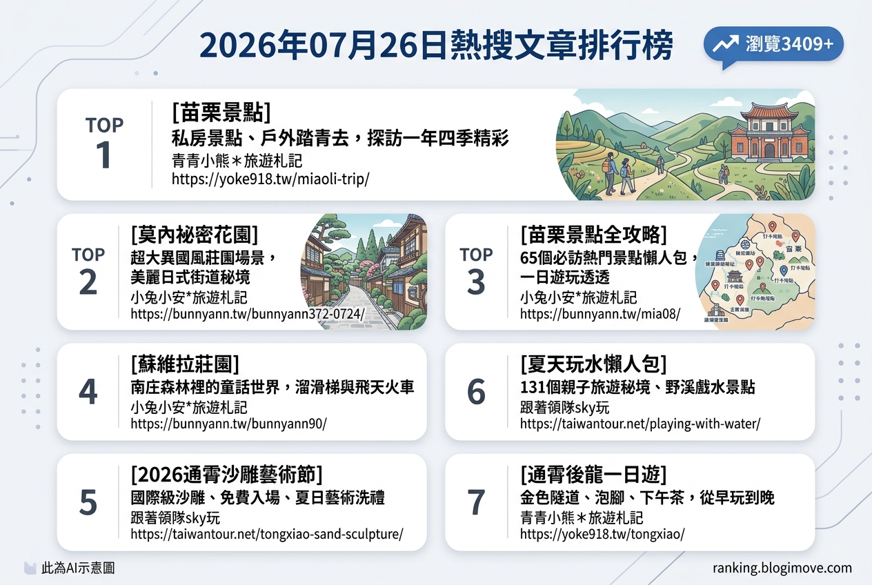 2026年07月26日| 國內旅遊 | 熱搜文章導讀：苗栗一日遊攻略、夏日玩水勝地與異國風情莊園 @Blogimove Ranking