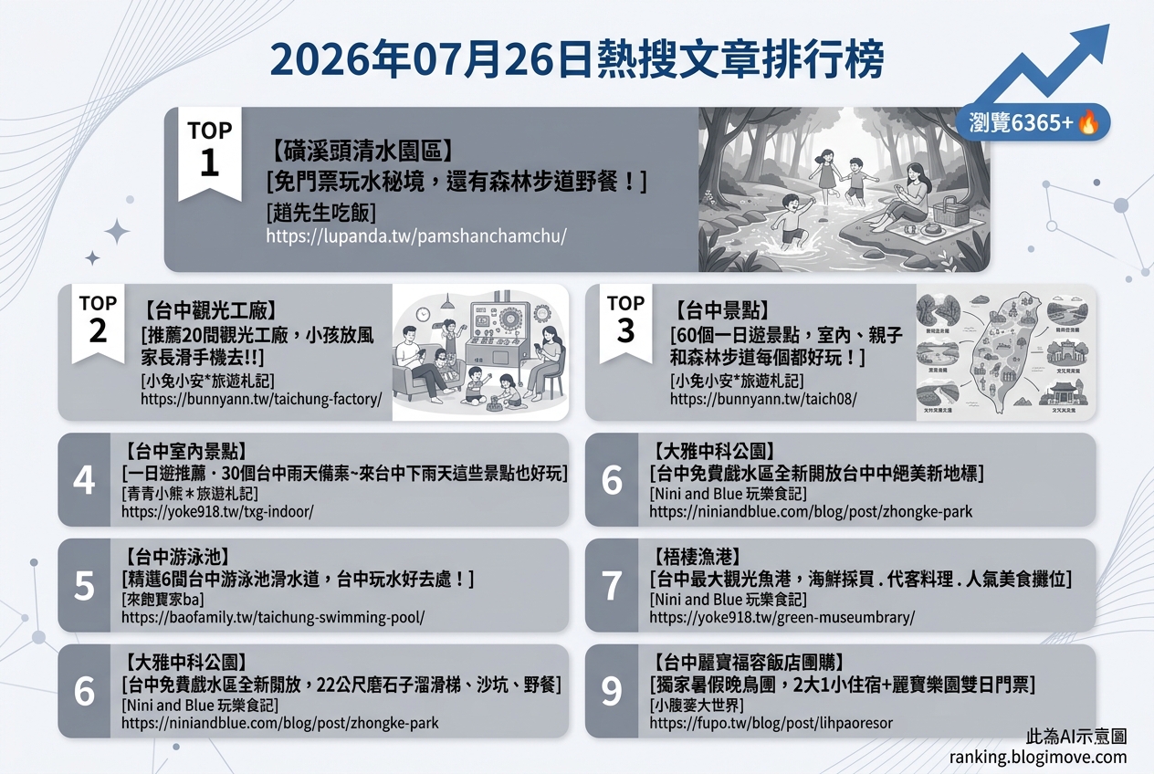2026年07月26日| 國內旅遊 | 熱搜文章導讀：台中玩水、觀光工廠與親子景點全攻略 @Blogimove Ranking