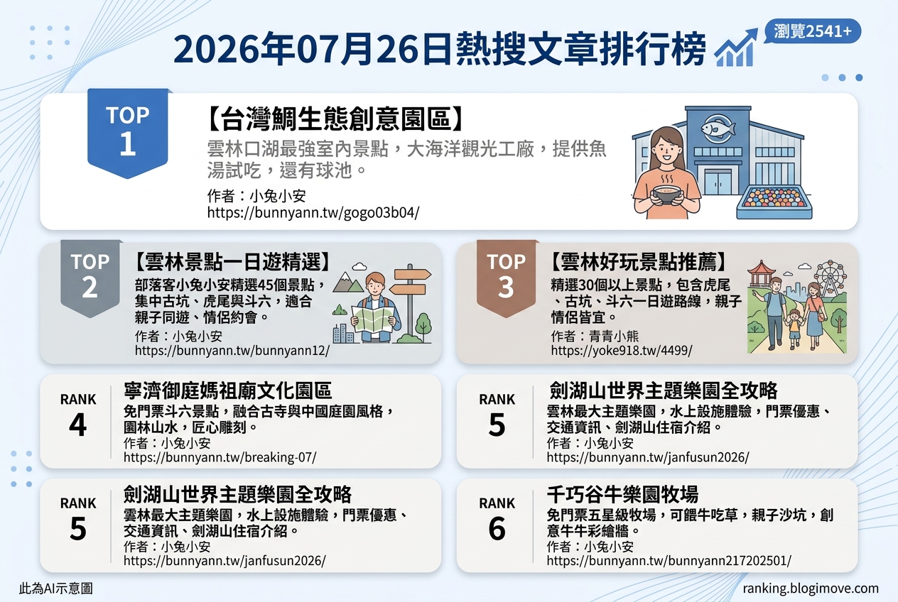 2026年07月26日| 雲林景點 | 熱搜文章導讀：雲林多元景點搶佔人氣，主題樂園與文化園區最受矚目 @Blogimove Ranking