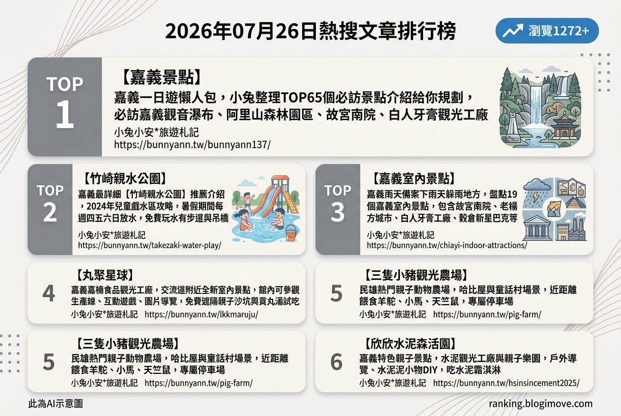 2026年07月26日 | 國內旅遊 | 熱搜文章導讀：嘉義景點豐富多元，親子遊與室內景點成焦點 @Blogimove Ranking