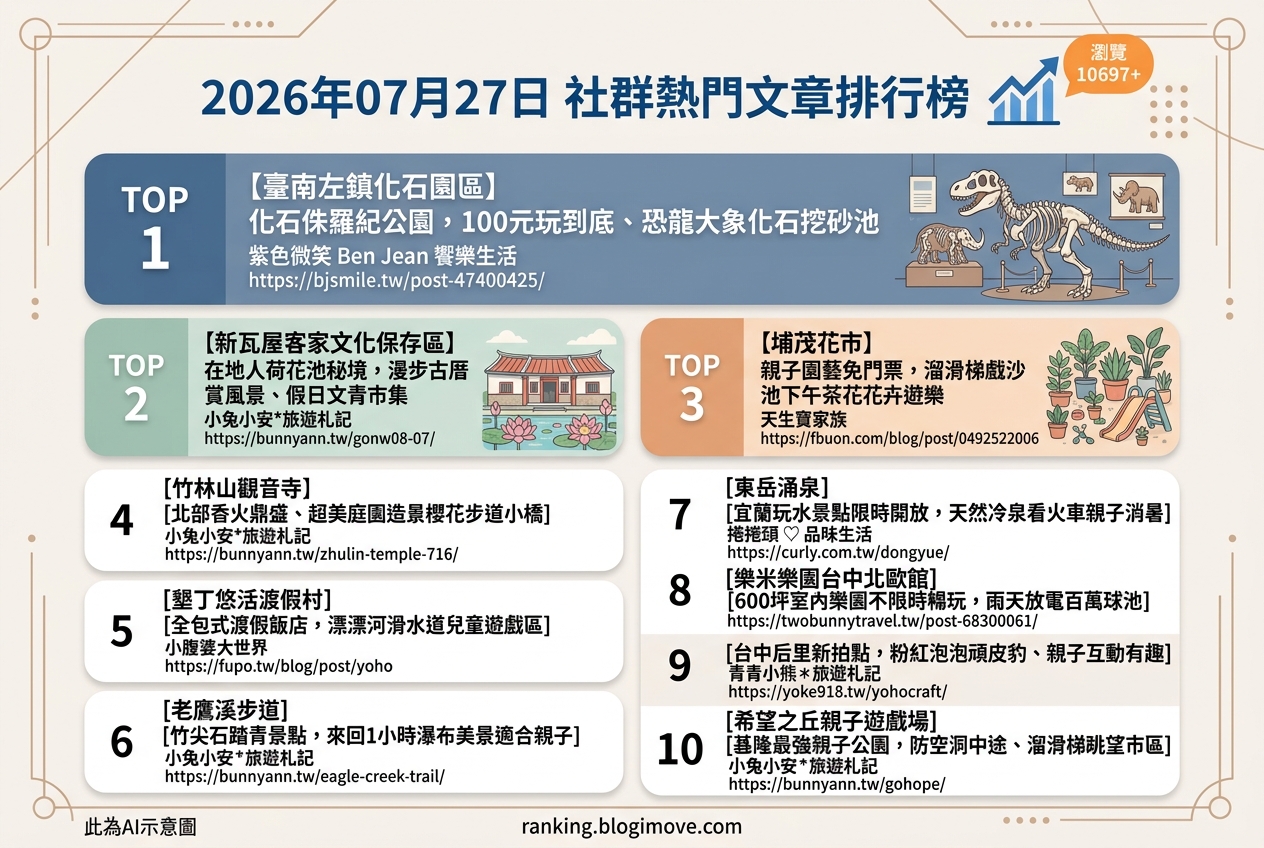 2026年07月27日| 親子旅行 | 熱門社群文章導讀：全台親子景點、消暑玩水勝地與特色住宿懶人包 @Blogimove Ranking