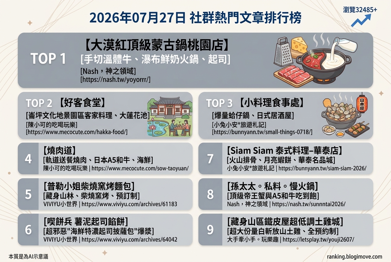 2026年07月27日| 桃園美食 | 熱門社群文章導讀：頂級火鍋、日式居酒屋與柴燒窯烤麵包成焦點 @Blogimove Ranking