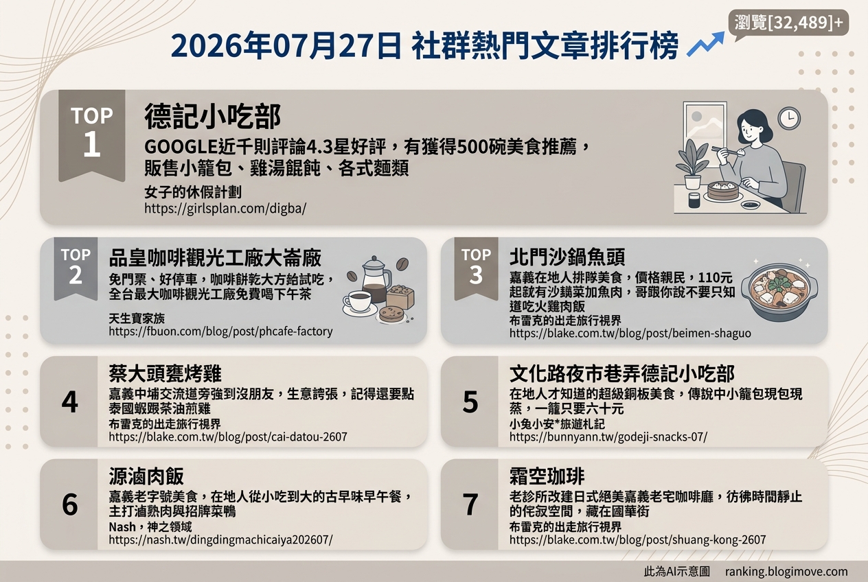 2026年07月27日 | 嘉義美食 | 熱門社群文章導讀：嘉義在地人私藏名單！沙鍋魚頭、小籠包與老宅咖啡廳一次掌握 @Blogimove Ranking