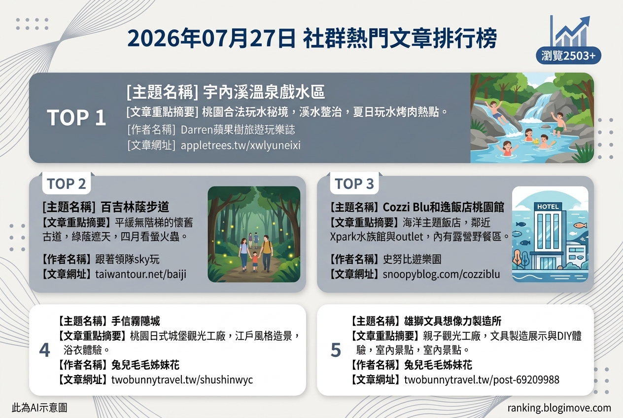 2026年07月27日| 國內旅遊 | 熱門社群文章導讀：桃園玩水秘境、日式城堡、海洋主題住宿與親子景點。 @Blogimove Ranking