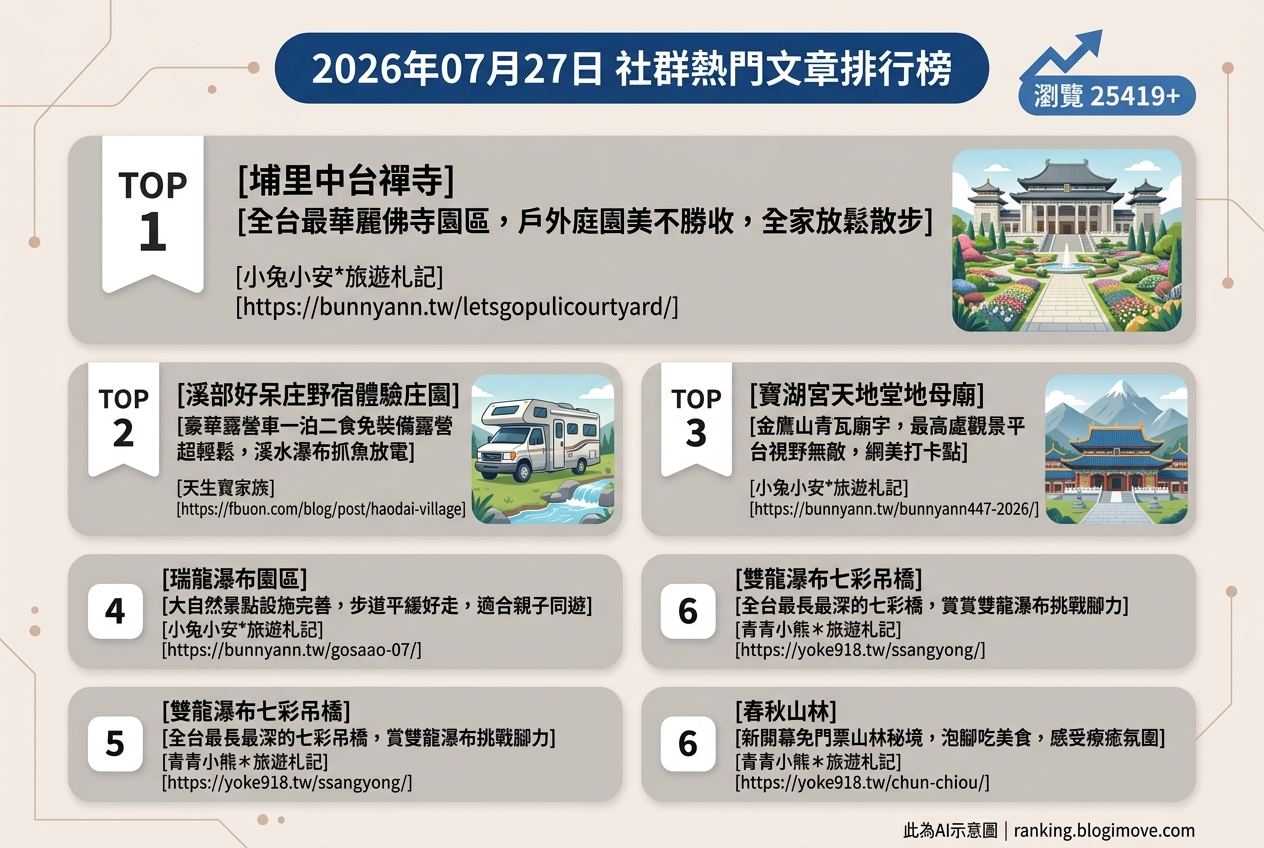 2026年07月27日| 國內旅遊 | 熱門社群文章導讀：南投佛寺園區、親子露營與七彩吊橋 @Blogimove Ranking