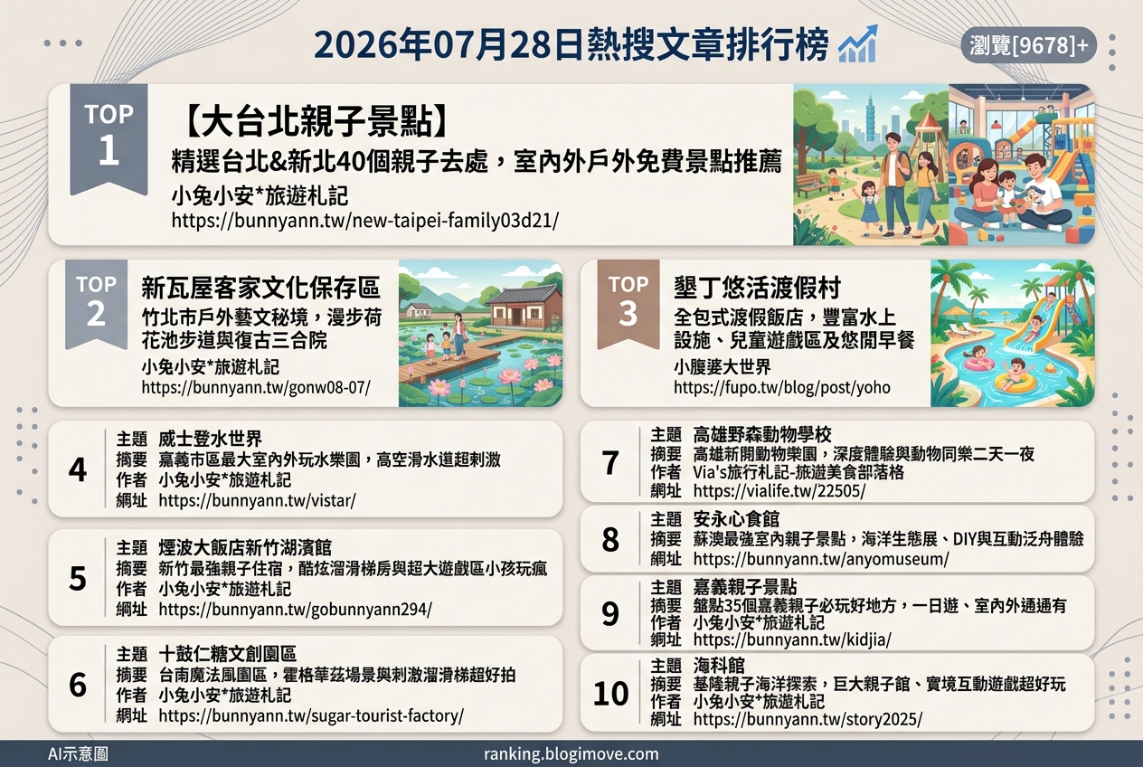 2026年07月28日| 親子旅行 | 熱搜文章導讀：大台北親子景點、墾丁水上樂園與新竹親子住宿熱門指南 @Blogimove Ranking