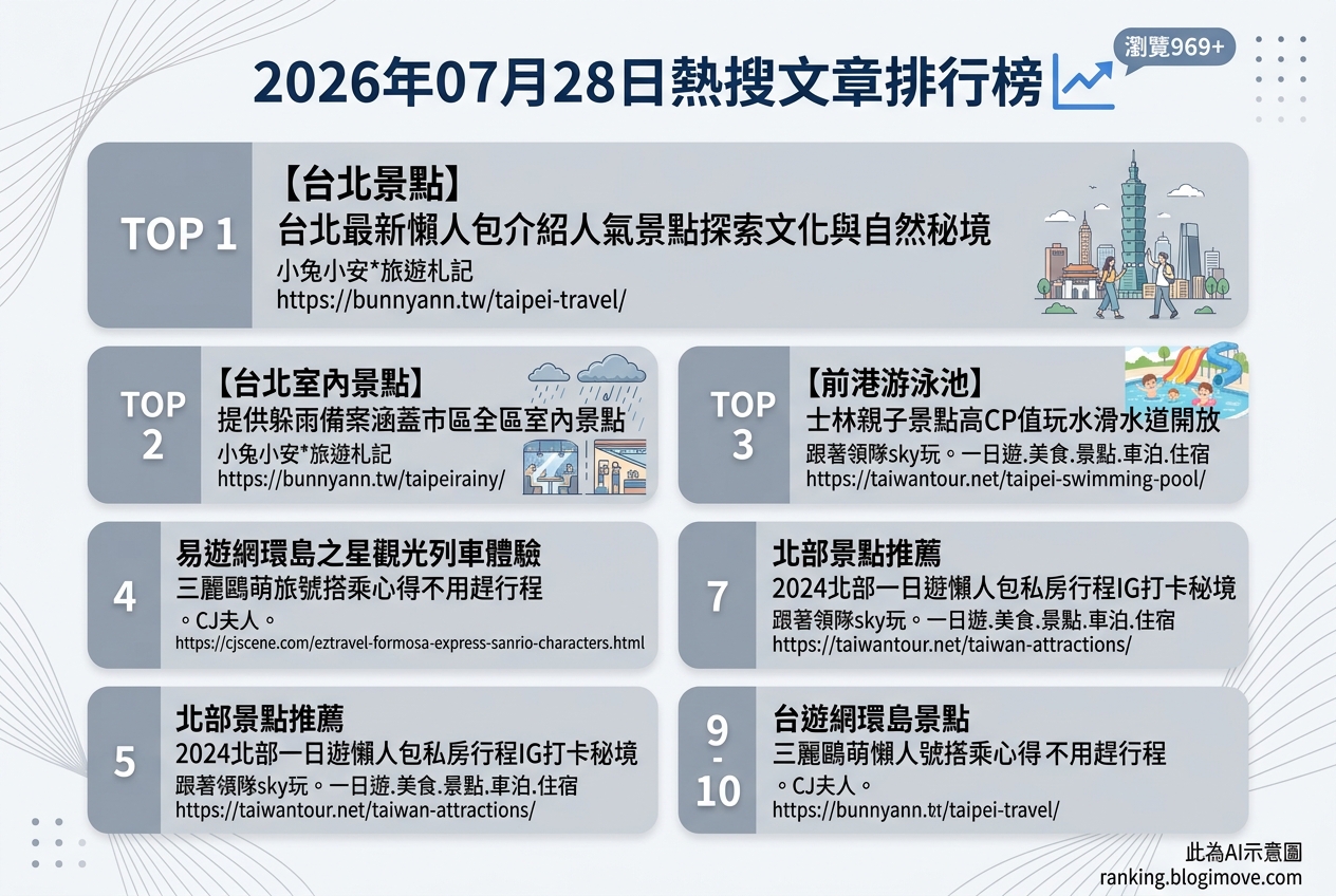 2026年07月28日 | 國內旅遊 | 熱搜文章導讀：台北景點、雨天備案、親子玩水與環島火車行程 @Blogimove Ranking