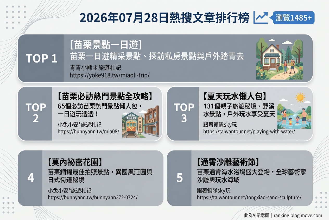2026年07月28日| 國內旅遊 | 熱搜文章導讀：苗栗景點、夏季玩水與沙雕藝術節 @Blogimove Ranking