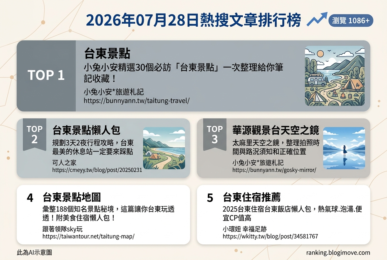 2026年07月28日| 國內旅遊 | 熱搜文章導讀：台東景點與住宿懶人包，掌握夏日旅遊趨勢！ @Blogimove Ranking