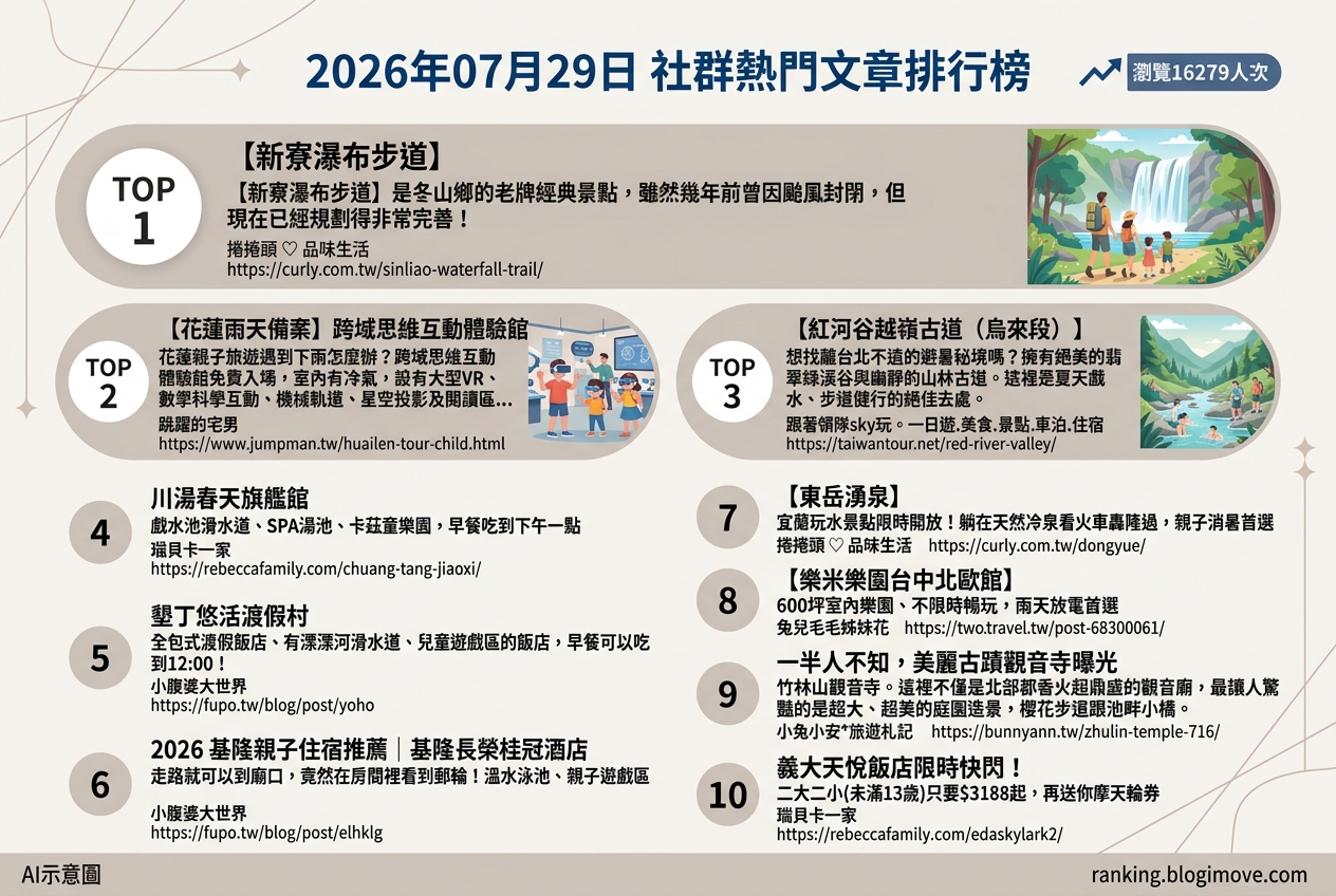2026年07月29日 | 親子旅行 | 熱門社群文章導讀：網羅全台親子景點、夏日玩水與特色住宿 @Blogimove Ranking