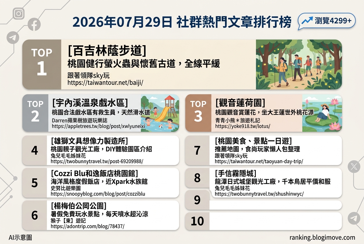 2026年07月29日| 國內旅遊 | 熱門社群文章導讀：桃園戶外休閒、親子景點與特色住宿。 @Blogimove Ranking