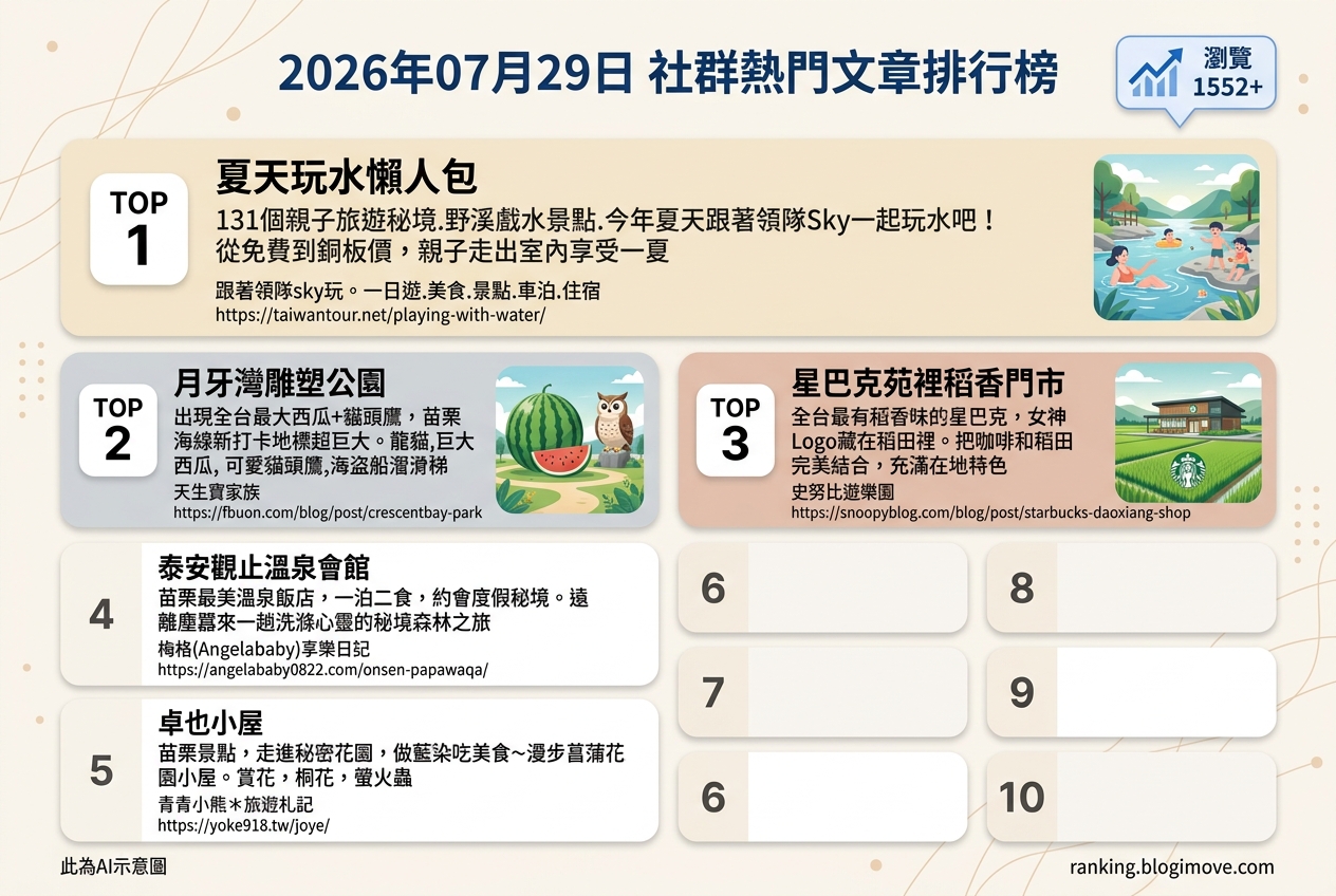 2026年07月29日 | 國內旅遊 | 熱門社群文章導讀：夏季玩水景點、特色地標與療癒溫泉。 @Blogimove Ranking