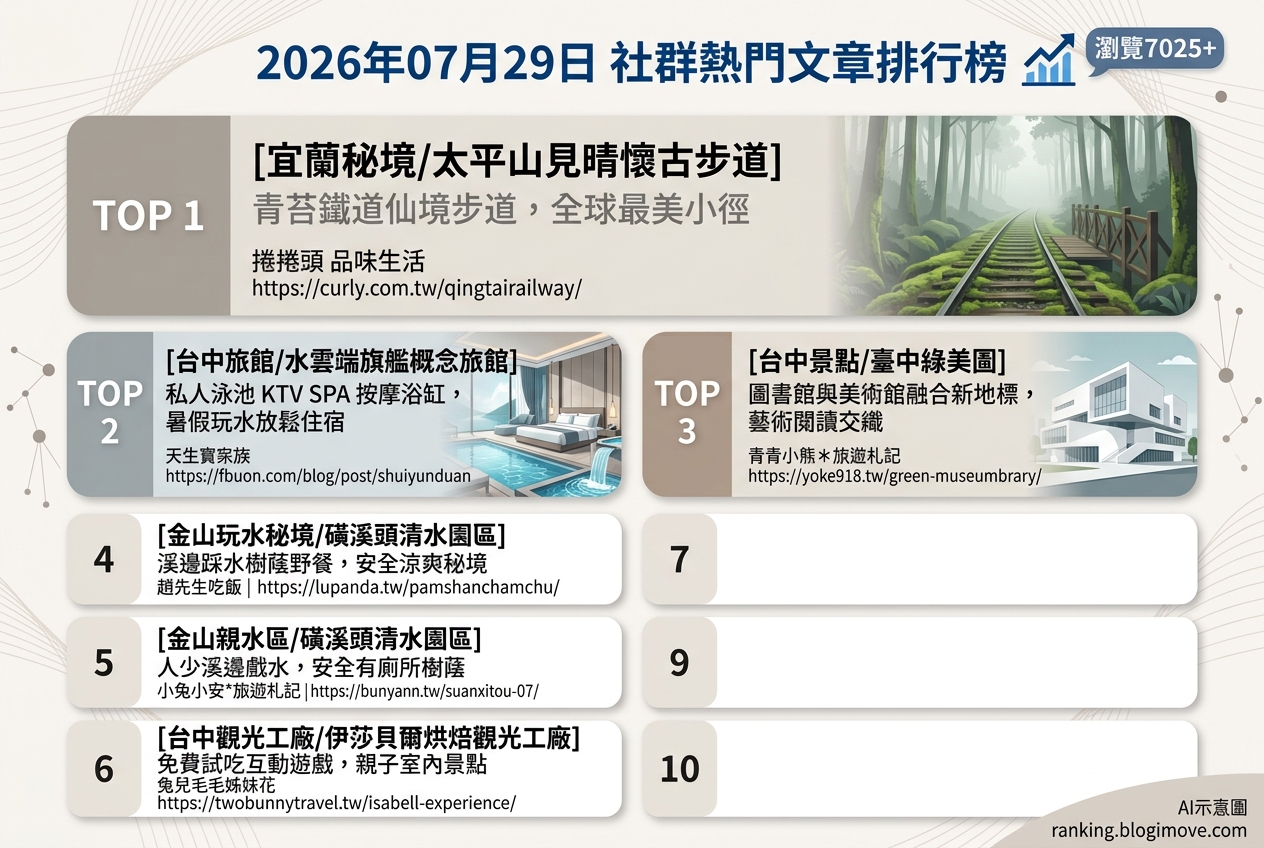 2026年07月29日| 國內旅遊 | 熱門社群文章導讀：宜蘭秘境、台中親子與玩水景點 @Blogimove Ranking