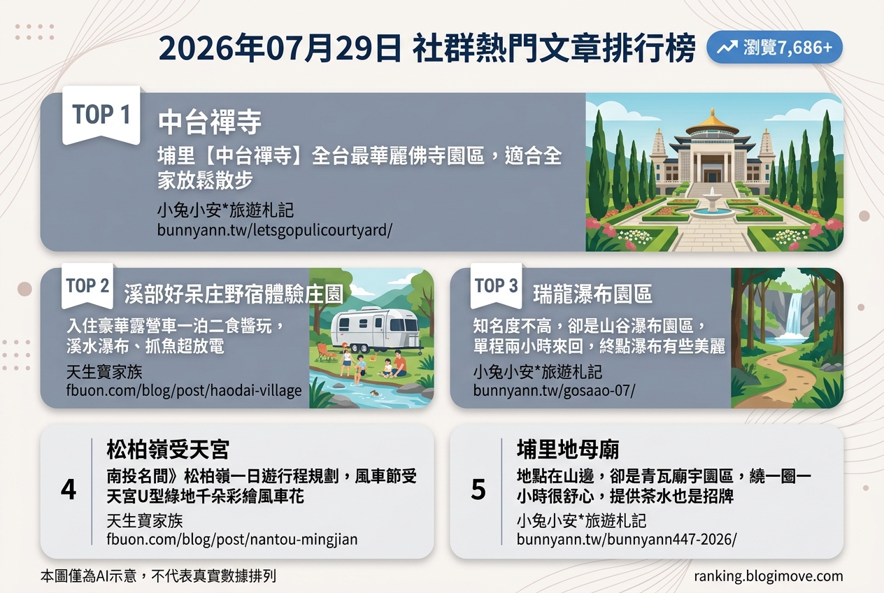 2026年07月29日 | 南投景點 | 熱門社群文章導讀：中台禪寺、溪部好呆庄與瑞龍瀑布園區熱門推薦 @Blogimove Ranking
