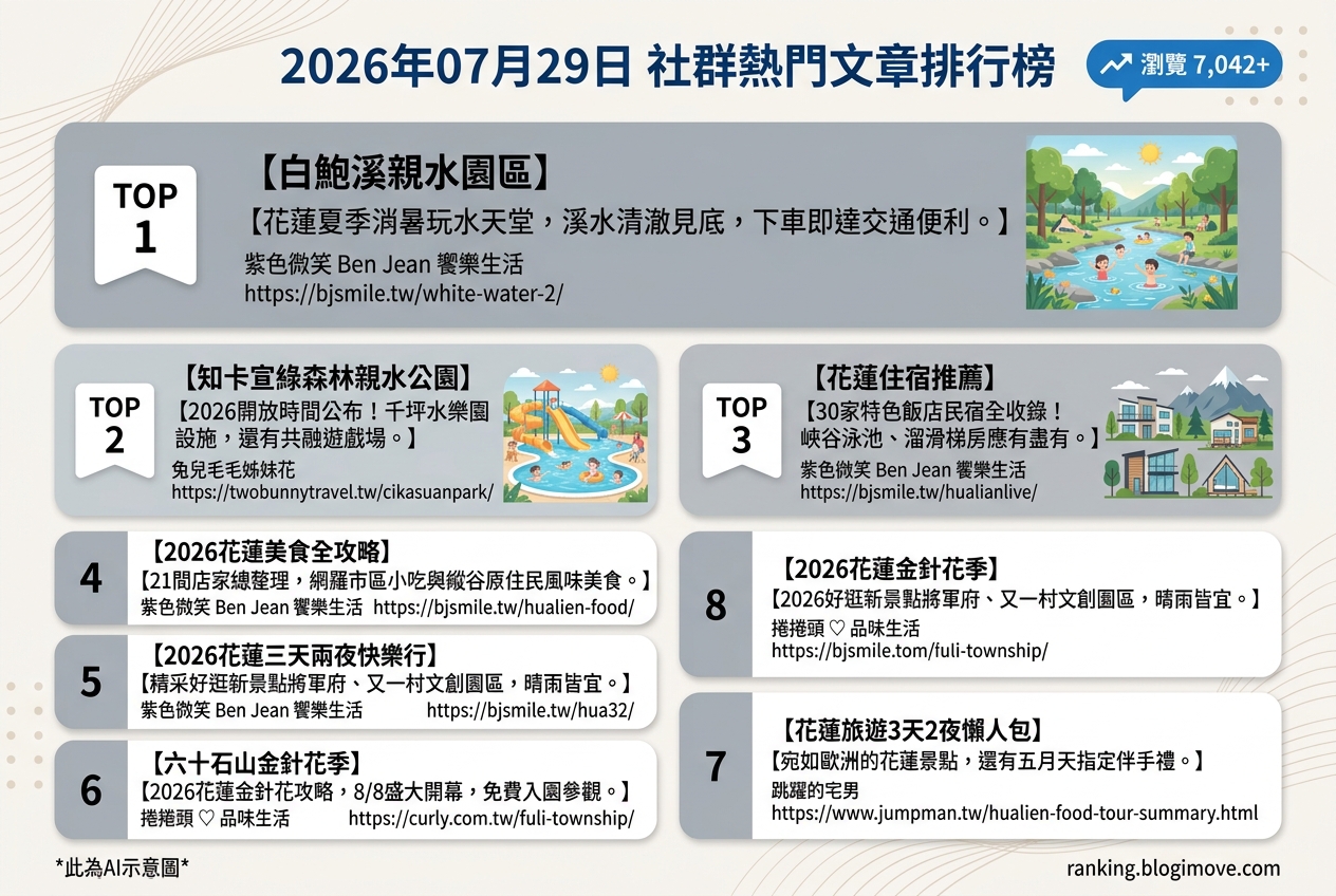 2026年07月29日| 國內旅遊 | 熱門社群文章導讀：花蓮夏季玩水、特色住宿與在地美食全攻略 @Blogimove Ranking
