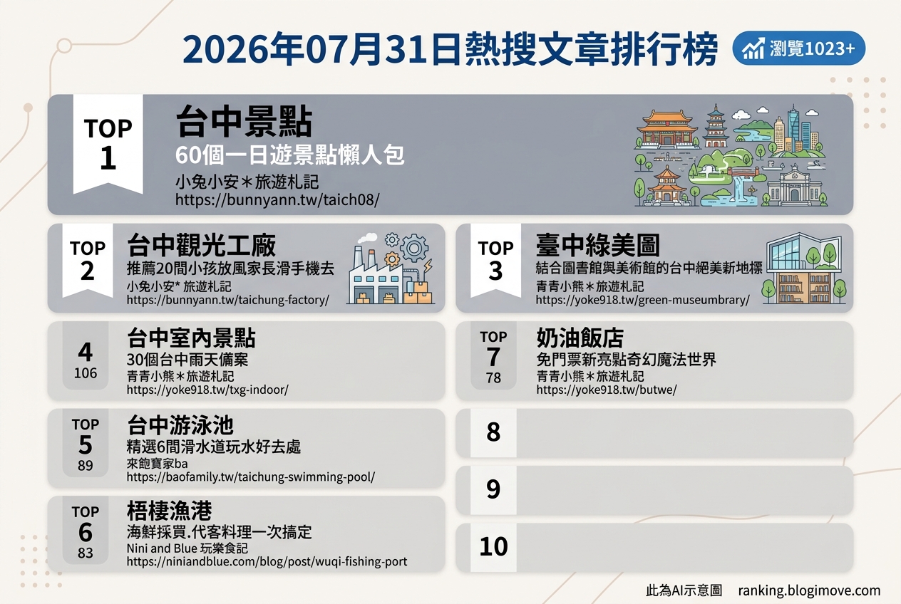 2026年07月30日 | 國內旅遊 | 熱搜文章導讀：消暑玩水秘境、親子主題樂園與台中藝文新地標 @Blogimove Ranking