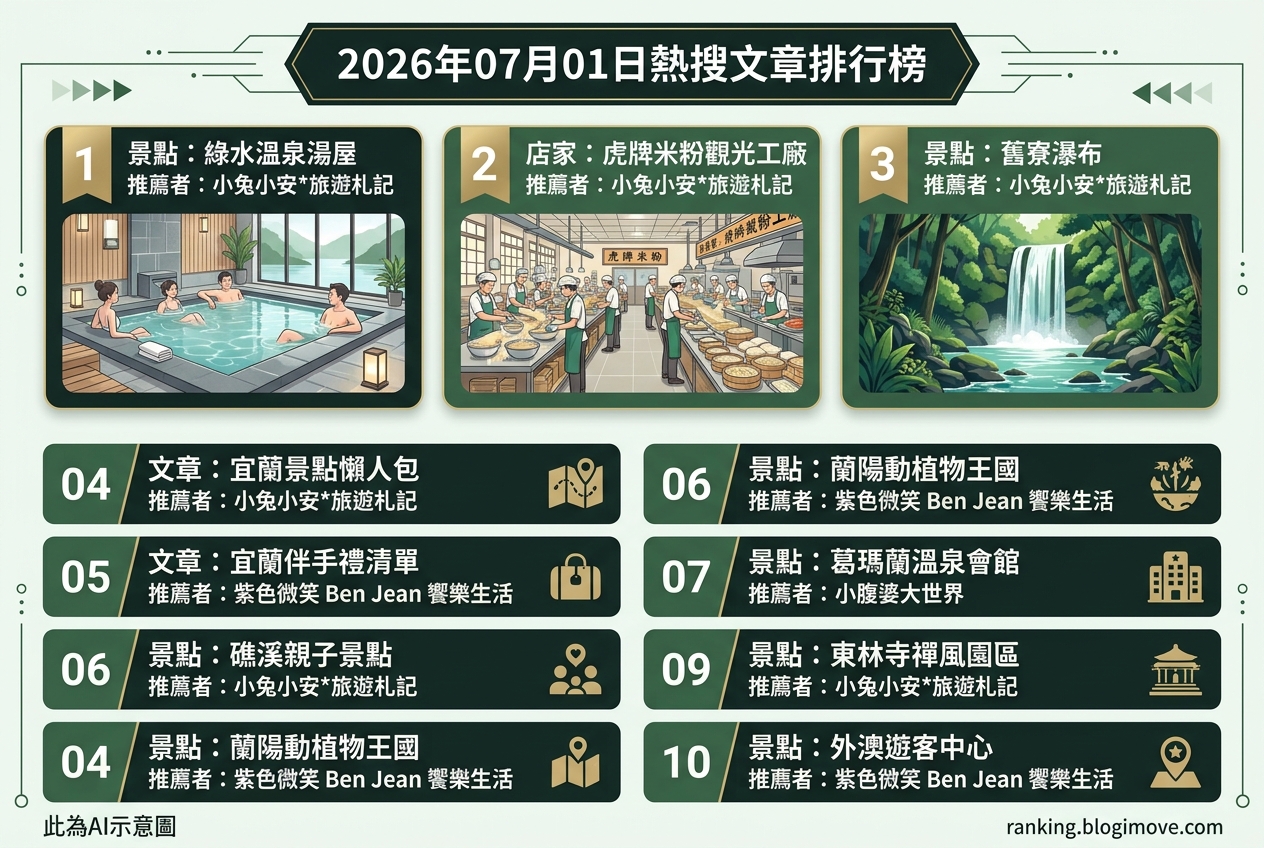 2026年07月01日| 宜蘭景點 | 熱搜旅遊文章導讀：泡湯秘境、瀑布步道與親子樂園。 @Blogimove Ranking