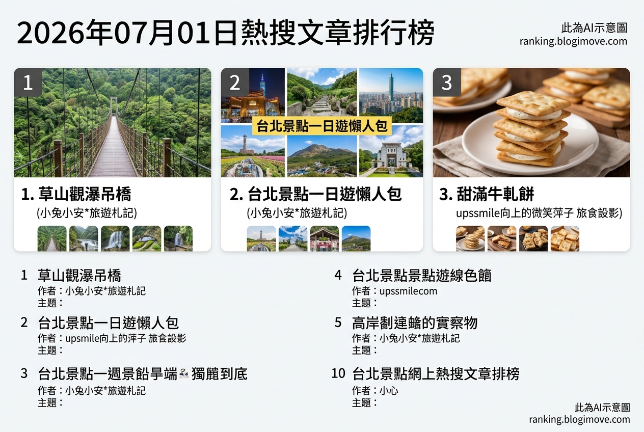 2026年07月01日 | 台北景點 | 熱搜旅遊文章導讀：草山觀瀑吊橋、台北一日遊與環島之星列車。 @Blogimove Ranking