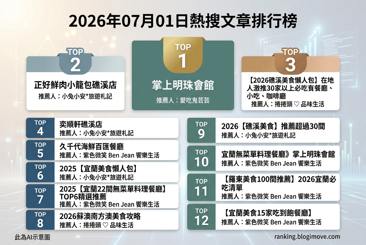2026年07月01日| 宜蘭美食 | 熱搜美食文章導讀：宜蘭無菜單料理、礁溪必吃小吃與海鮮百匯。 @Blogimove Ranking