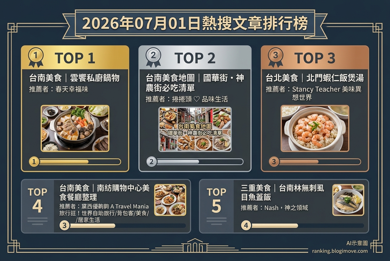 2026年07月01日| 台南美食 | 熱搜美食文章導讀：台南鍋物、國華街小吃與台北蝦仁飯 @Blogimove Ranking