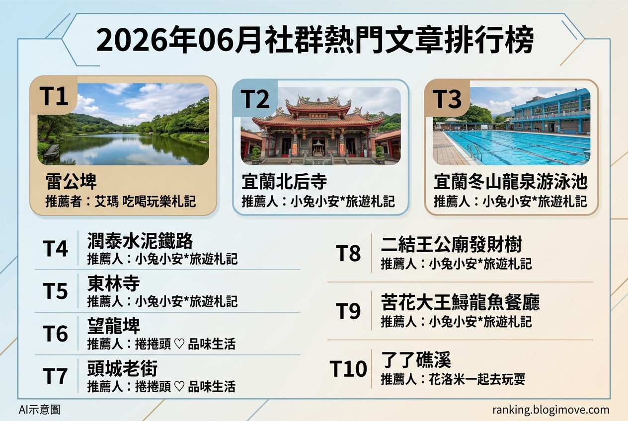 2026年06月 | 宜蘭景點 | 熱門社群旅遊文章導讀：雷公埤湧泉、北后寺禪風與龍泉泳池消暑樂 @Blogimove Ranking