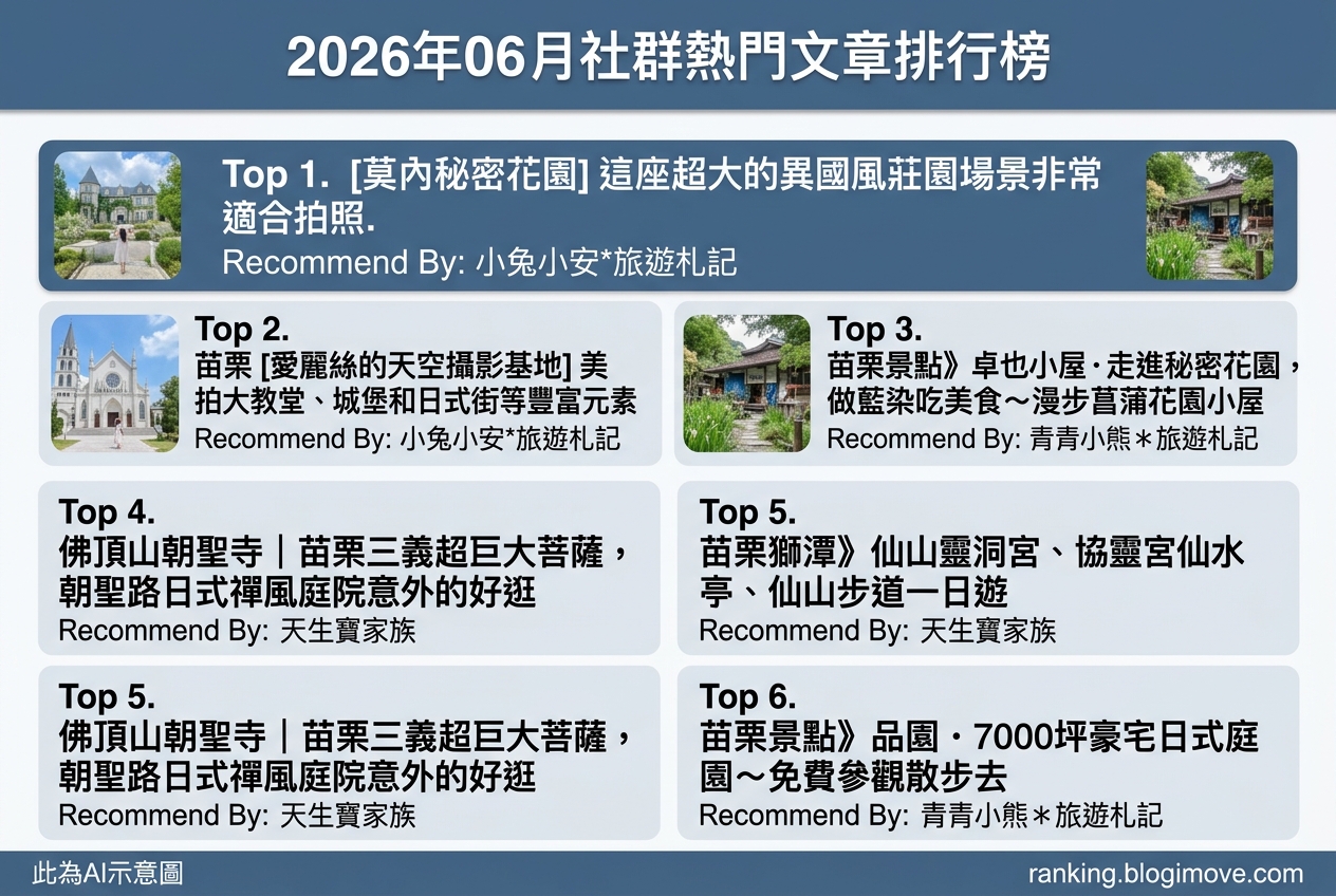 2026年06月 | 苗栗景點 | 熱門社群旅遊文章導讀：異國風莊園、日式庭園與宗教聖地 @Blogimove Ranking