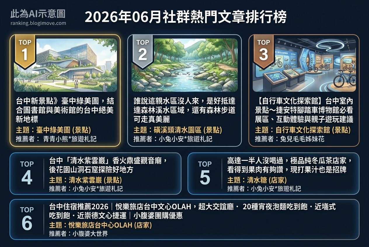 2026年06月| 台中景點 | 熱門社群文章導讀：台中新地標、夏日戲水與設計旅店。 @Blogimove Ranking