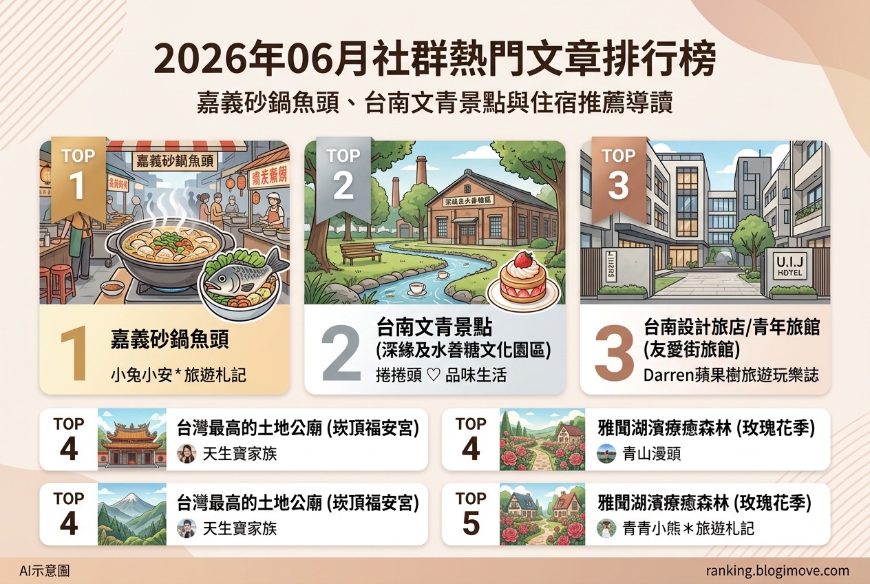 2026年06月| 台南景點 | 熱門社群旅遊文章導讀：嘉義砂鍋魚頭、台南文青景點與住宿推薦 @Blogimove Ranking