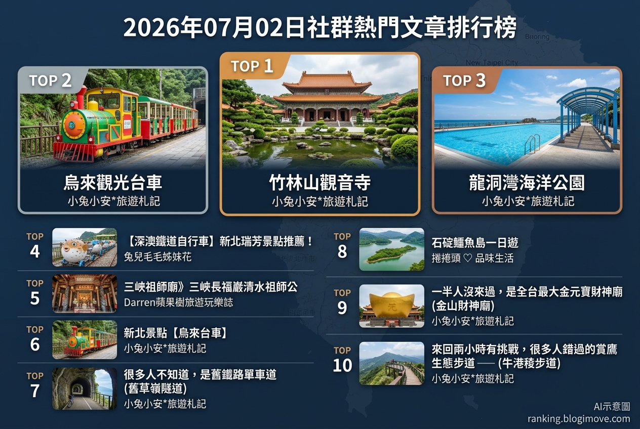 2026年07月02日 | 新北景點 | 熱門社群旅遊文章導讀：烏來觀光台車、龍洞灣海洋公園與深澳鐵道自行車。 @Blogimove Ranking