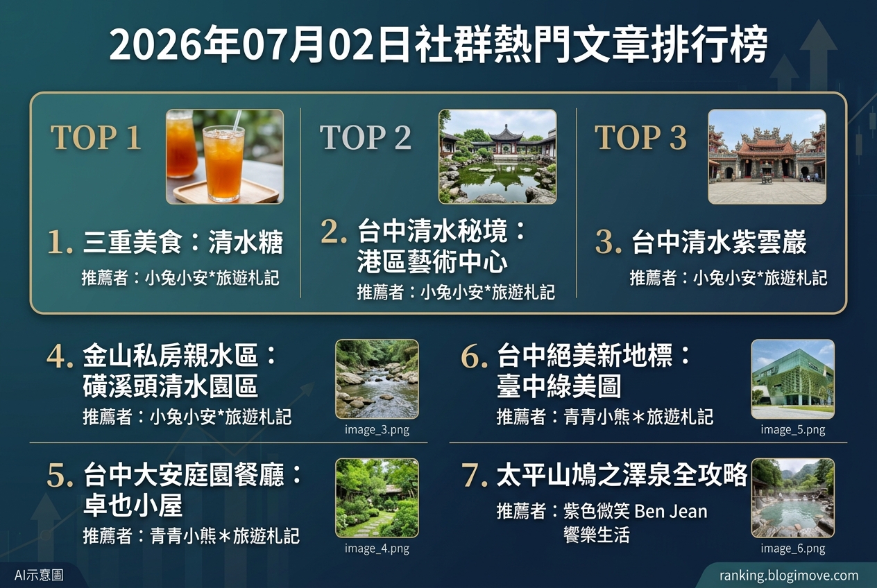 2026年07月02日| 國內旅遊 | 熱門社群文章導讀：三重冬瓜茶、台中藝術中心與宜蘭溫泉攻略 @Blogimove Ranking